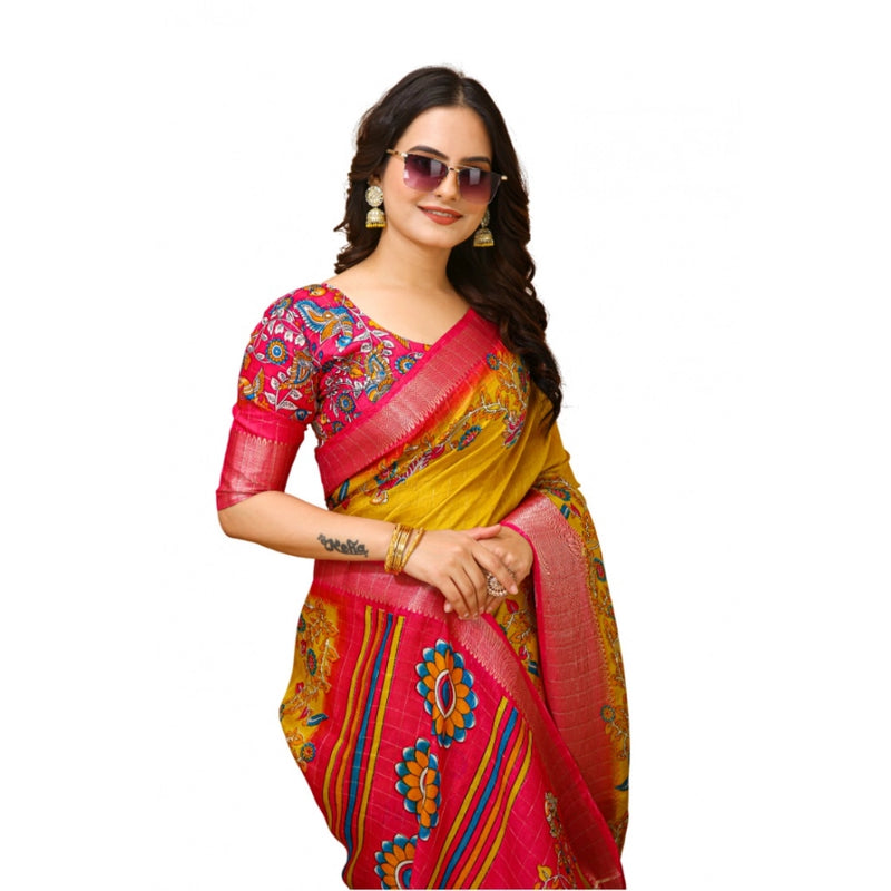 Mayawye Women's Soft Dola Cotton Kalamkari Printed Saree With Unstitched Blouse 5.5Mtr (Yellow)