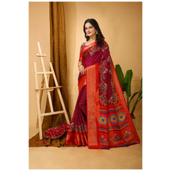 Mayawye Women's Soft Dola Cotton Kalamkari Printed Saree With Unstitched Blouse 5.5Mtr (Maroon)
