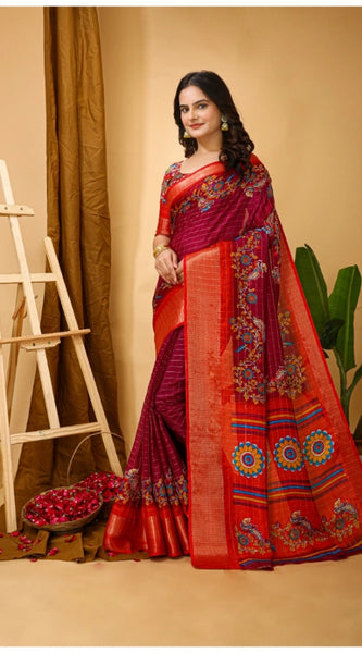 Mayawye Women's Soft Dola Cotton Kalamkari Printed Saree With Unstitched Blouse 5.5Mtr (Maroon)