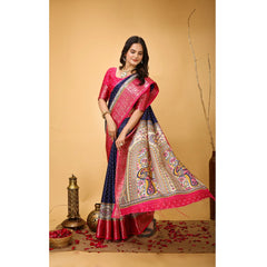 Mayawye Women's Soft Dola Cotton Kalamkari Printed Saree With Unstitched Blouse 5.5Mtr (Navy Blue)