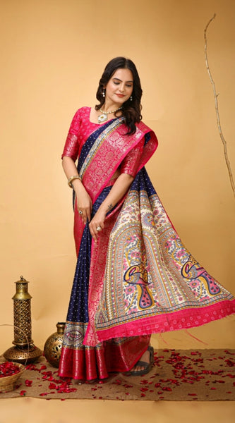Mayawye Women's Soft Dola Cotton Kalamkari Printed Saree With Unstitched Blouse 5.5Mtr (Navy Blue)
