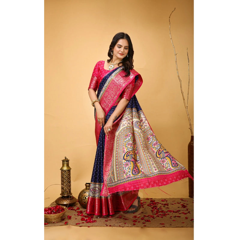 Mayawye Women's Soft Dola Cotton Kalamkari Printed Saree With Unstitched Blouse 5.5Mtr (Navy Blue)