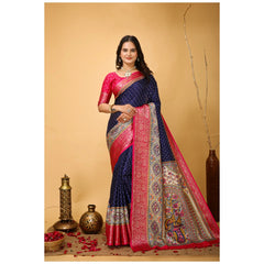 Mayawye Women's Soft Dola Cotton Kalamkari Printed Saree With Unstitched Blouse 5.5Mtr (Navy Blue)