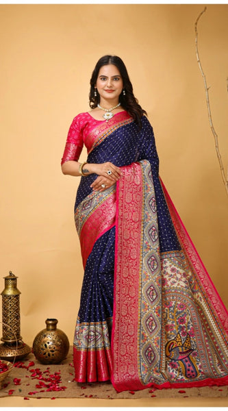 Mayawye Women's Soft Dola Cotton Kalamkari Printed Saree With Unstitched Blouse 5.5Mtr (Navy Blue)