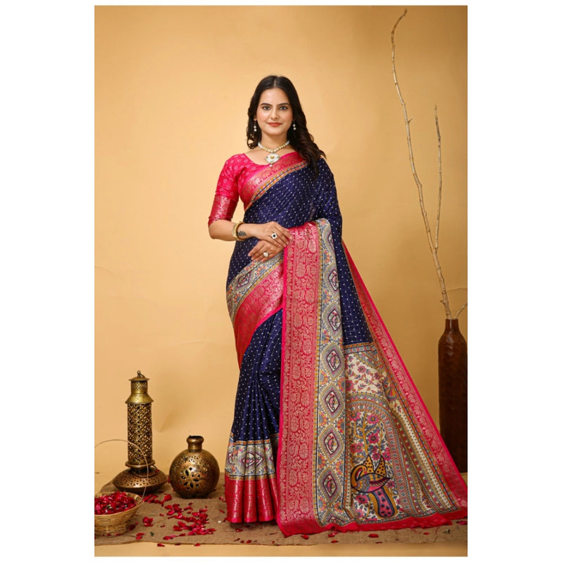 Mayawye Women's Soft Dola Cotton Kalamkari Printed Saree With Unstitched Blouse 5.5Mtr (Navy Blue)