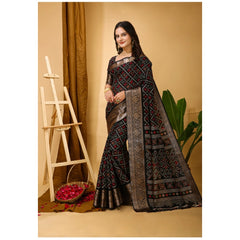 Mayawye Women's Soft Dola Cotton Kalamkari Printed Saree With Unstitched Blouse 5.5Mtr (Black)