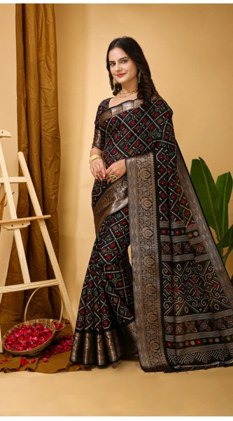 Mayawye Women's Soft Dola Cotton Kalamkari Printed Saree With Unstitched Blouse 5.5Mtr (Black)