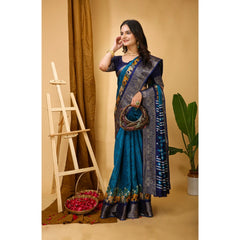 Mayawye Women's Soft Dola Cotton Kalamkari Printed Saree With Unstitched Blouse 5.5Mtr (Blue)