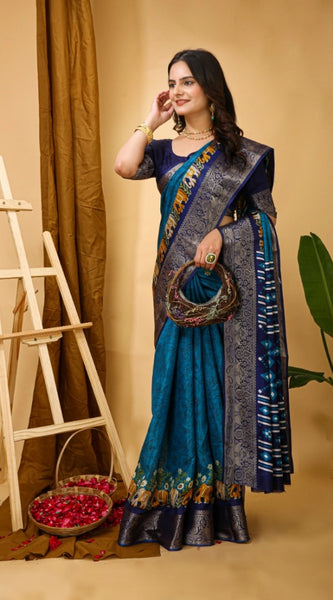 Mayawye Women's Soft Dola Cotton Kalamkari Printed Saree With Unstitched Blouse 5.5Mtr (Blue)