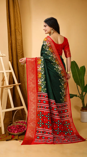 Mayawye Women's Soft Dola Cotton Kalamkari Printed Saree With Unstitched Blouse 5.5Mtr (Green)