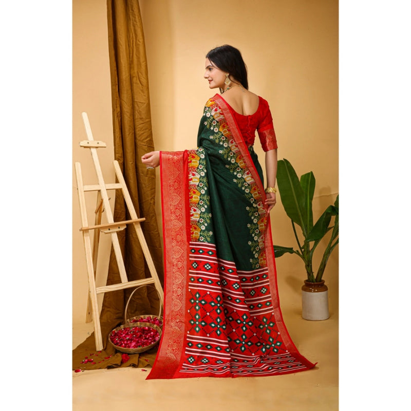 Mayawye Women's Soft Dola Cotton Kalamkari Printed Saree With Unstitched Blouse 5.5Mtr (Green)