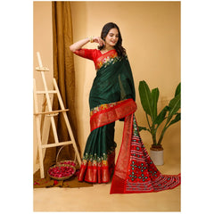Mayawye Women's Soft Dola Cotton Kalamkari Printed Saree With Unstitched Blouse 5.5Mtr (Green)