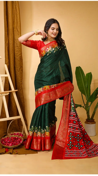 Mayawye Women's Soft Dola Cotton Kalamkari Printed Saree With Unstitched Blouse 5.5Mtr (Green)