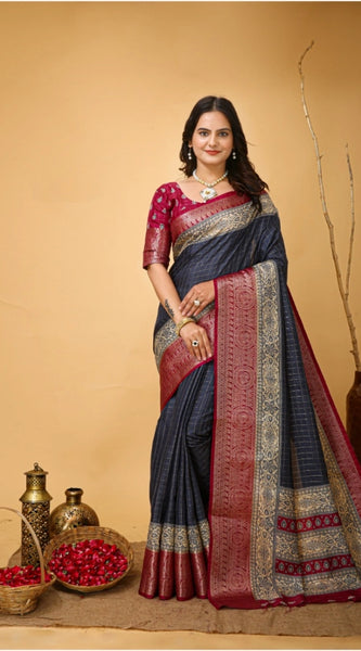 Mayawye Women's Soft Dola Cotton Kalamkari Printed Saree With Unstitched Blouse 5.5Mtr (Grey)