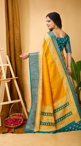 Mayawye Women's Soft Dola Cotton Kalamkari Printed Saree With Unstitched Blouse 5.5Mtr (Yellow)