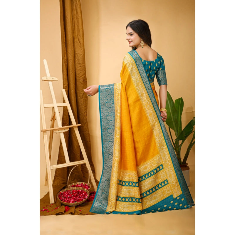 Mayawye Women's Soft Dola Cotton Kalamkari Printed Saree With Unstitched Blouse 5.5Mtr (Yellow)