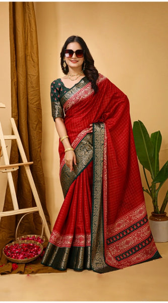Mayawye Women's Soft Dola Cotton Kalamkari Printed Saree With Unstitched Blouse 5.5Mtr (Red)