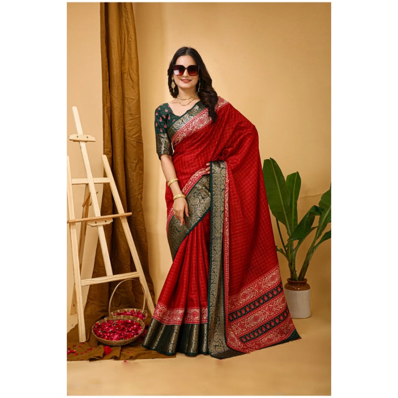 Mayawye Women's Soft Dola Cotton Kalamkari Printed Saree With Unstitched Blouse 5.5Mtr (Red)