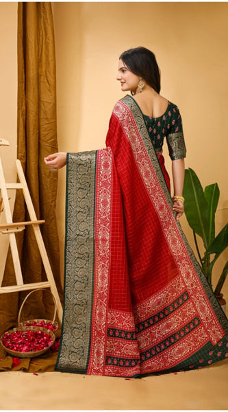 Mayawye Women's Soft Dola Cotton Kalamkari Printed Saree With Unstitched Blouse 5.5Mtr (Red)