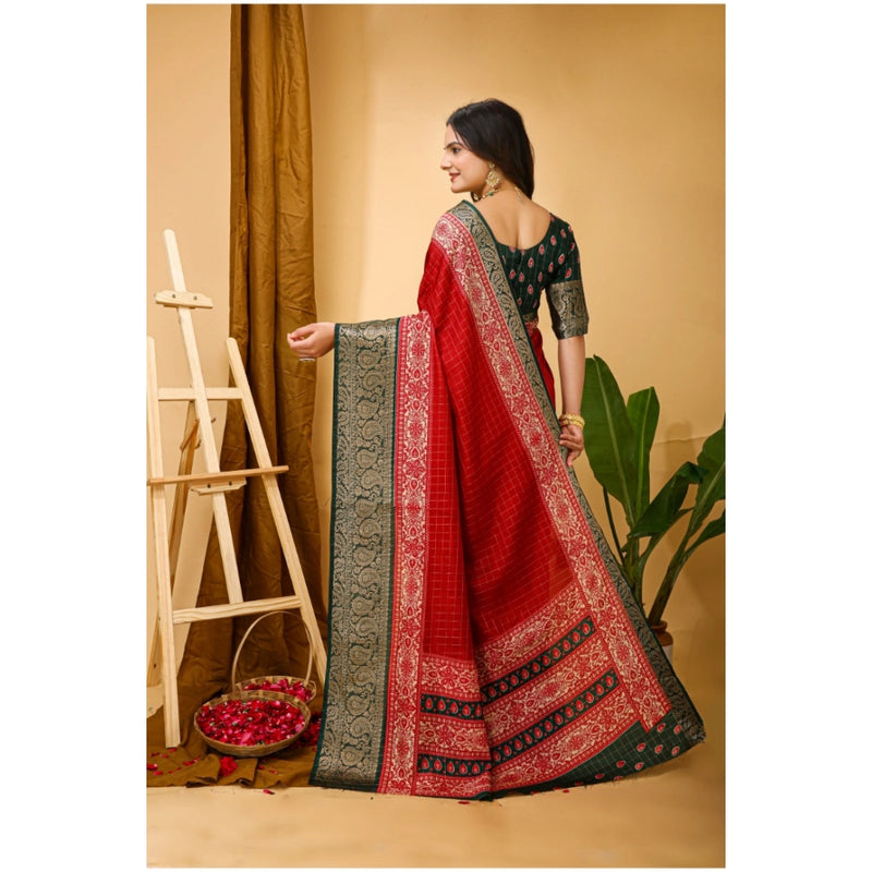Mayawye Women's Soft Dola Cotton Kalamkari Printed Saree With Unstitched Blouse 5.5Mtr (Red)