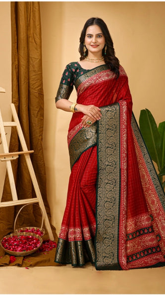 Mayawye Women's Soft Dola Cotton Kalamkari Printed Saree With Unstitched Blouse 5.5Mtr (Red)