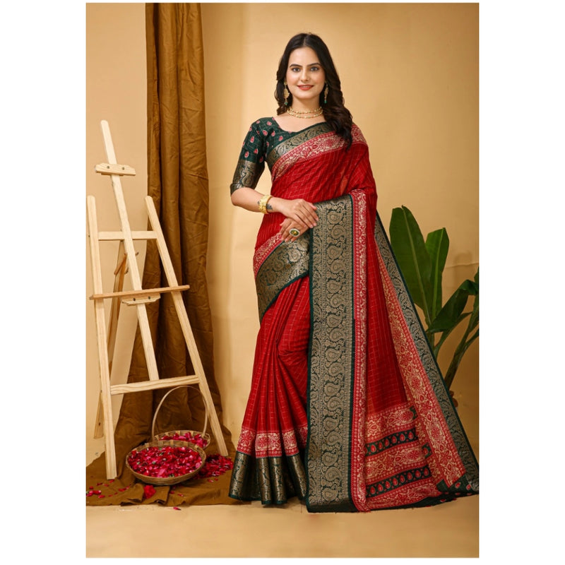 Mayawye Women's Soft Dola Cotton Kalamkari Printed Saree With Unstitched Blouse 5.5Mtr (Red)