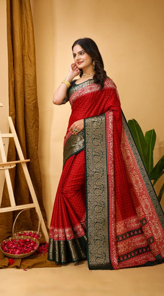 Mayawye Women's Soft Dola Cotton Kalamkari Printed Saree With Unstitched Blouse 5.5Mtr (Red)