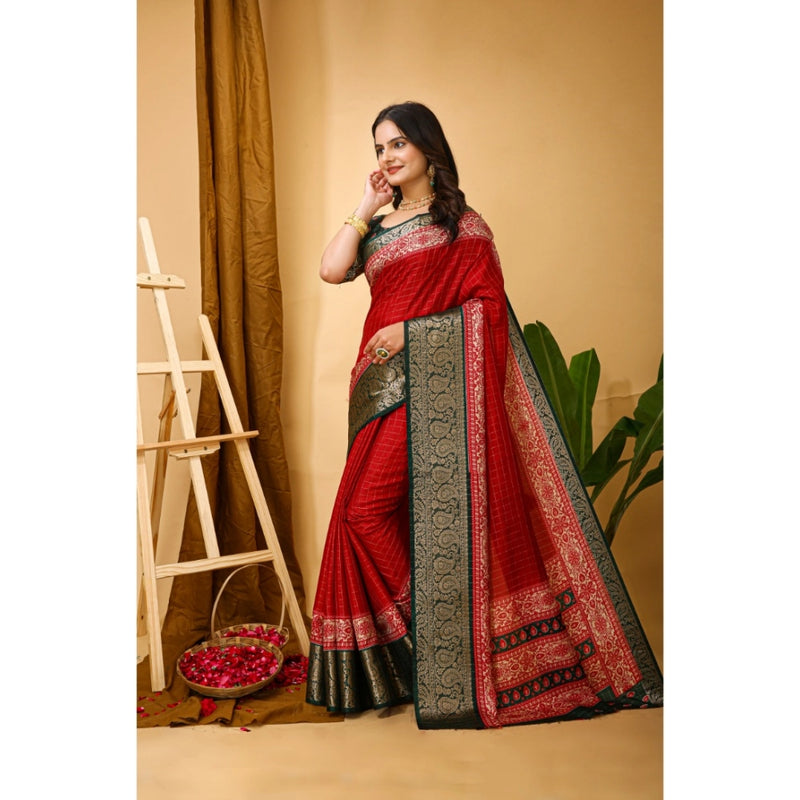 Mayawye Women's Soft Dola Cotton Kalamkari Printed Saree With Unstitched Blouse 5.5Mtr (Red)