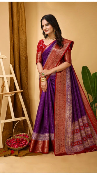 Mayawye Women's Soft Dola Cotton Kalamkari Printed Saree With Unstitched Blouse 5.5Mtr (Purple)
