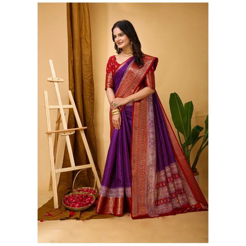 Mayawye Women's Soft Dola Cotton Kalamkari Printed Saree With Unstitched Blouse 5.5Mtr (Purple)