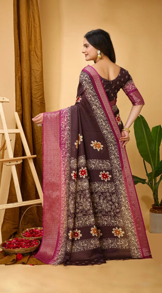 Mayawye Women's Soft Blooming Marshmallow Fabric Kalamkari Printed Saree With Unstitched Blouse 5.5Mtr (Maroon)