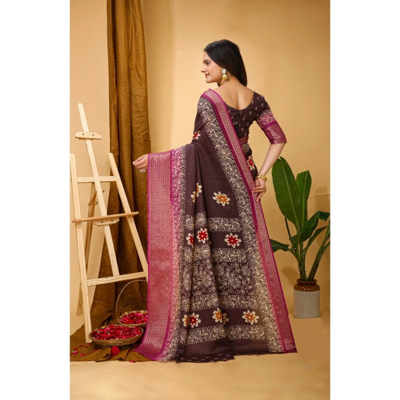 Mayawye Women's Soft Blooming Marshmallow Fabric Kalamkari Printed Saree With Unstitched Blouse 5.5Mtr (Maroon)
