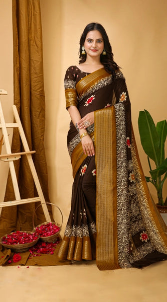 Mayawye Women's Soft Blooming Marshmallow Fabric Kalamkari Printed Saree With Unstitched Blouse 5.5Mtr (Brown)