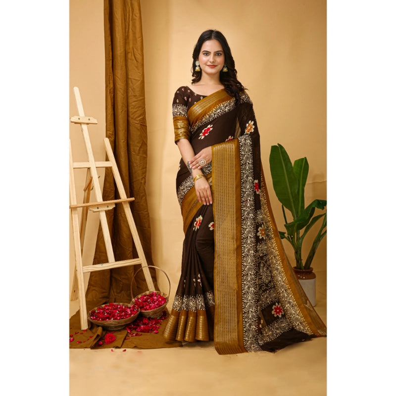 Mayawye Women's Soft Blooming Marshmallow Fabric Kalamkari Printed Saree With Unstitched Blouse 5.5Mtr (Brown)