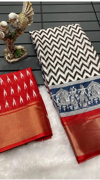 Mayawye Women's Soft Dola Cotton Kalamkari Printed Saree With Unstitched Blouse 5.5Mtr (Red)