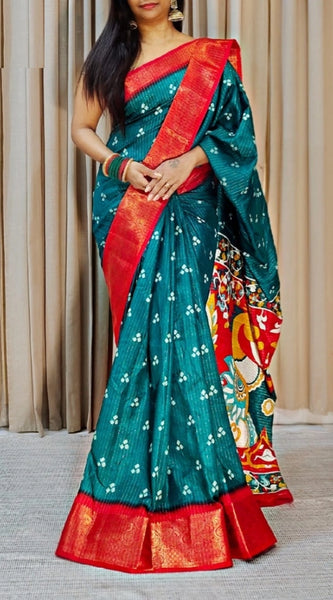Mayawye Women's Soft Dola Cotton Kalamkari Printed Saree With Unstitched Blouse 5.5Mtr (Blue)