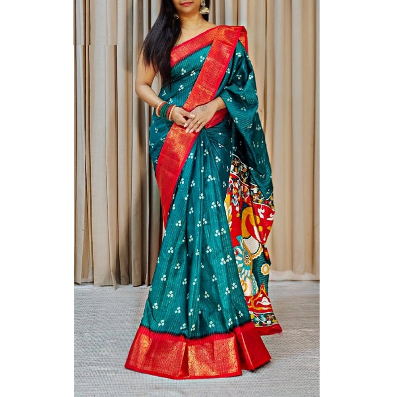 Mayawye Women's Soft Dola Cotton Kalamkari Printed Saree With Unstitched Blouse 5.5Mtr (Blue)