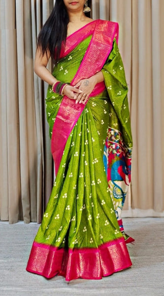 Mayawye Women's Soft Dola Cotton Kalamkari Printed Saree With Unstitched Blouse 5.5Mtr (Green)