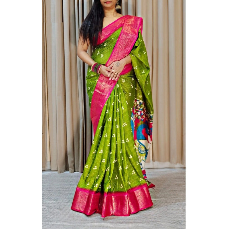 Mayawye Women's Soft Dola Cotton Kalamkari Printed Saree With Unstitched Blouse 5.5Mtr (Green)