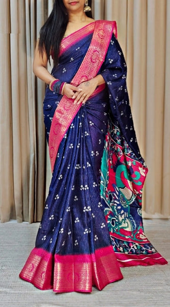Mayawye Women's Soft Dola Cotton Kalamkari Printed Saree With Unstitched Blouse 5.5Mtr (Navy Blue)