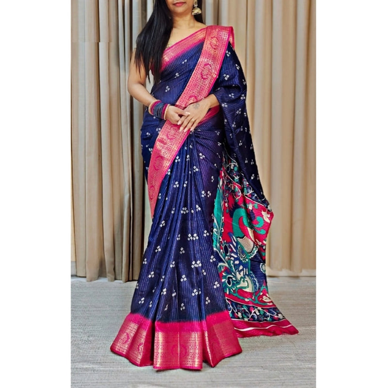 Mayawye Women's Soft Dola Cotton Kalamkari Printed Saree With Unstitched Blouse 5.5Mtr (Navy Blue)