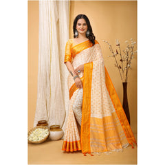 Mayawye Women's Soft Cotton Silk Printed Saree With Unstitched Blouse 5.5Mtr (Yellow)