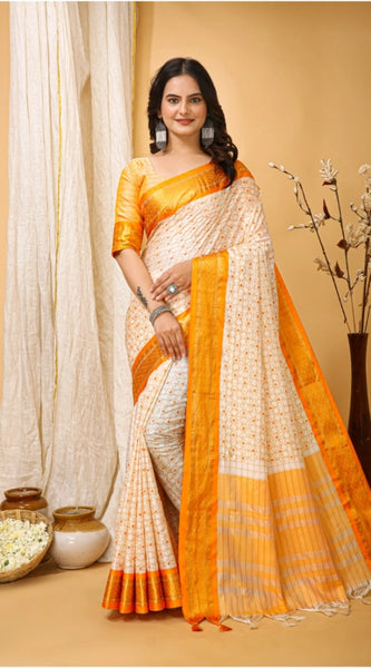 Mayawye Women's Soft Cotton Silk Printed Saree With Unstitched Blouse 5.5Mtr (Yellow)