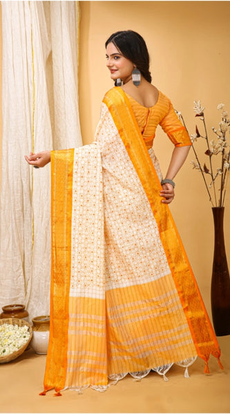 Mayawye Women's Soft Cotton Silk Printed Saree With Unstitched Blouse 5.5Mtr (Yellow)