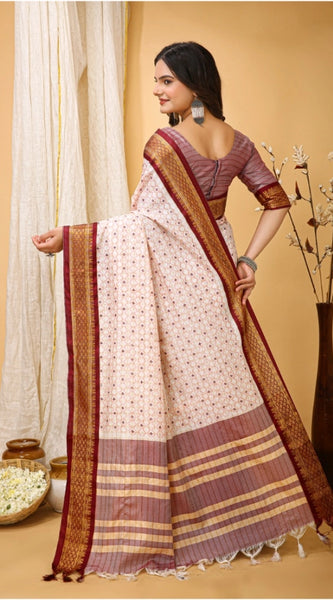 Mayawye Women's Soft Cotton Silk Printed Saree With Unstitched Blouse 5.5Mtr (Maroon)