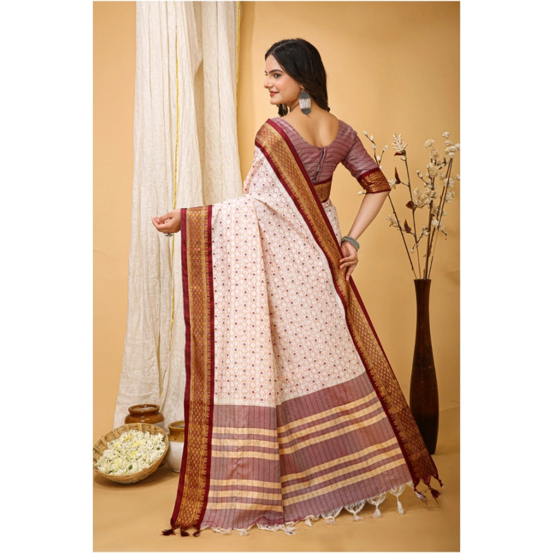 Mayawye Women's Soft Cotton Silk Printed Saree With Unstitched Blouse 5.5Mtr (Maroon)