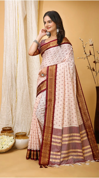 Mayawye Women's Soft Cotton Silk Printed Saree With Unstitched Blouse 5.5Mtr (Maroon)