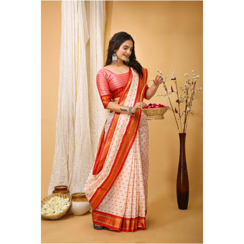 Mayawye Women's Soft Cotton Silk Printed Saree With Unstitched Blouse 5.5Mtr (Red)