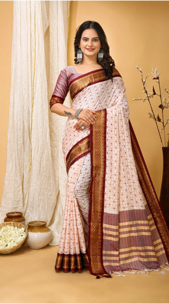 Mayawye Women's Soft Cotton Silk Printed Saree With Unstitched Blouse 5.5Mtr (Maroon)