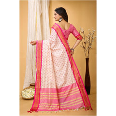 Mayawye Women's Soft Cotton Silk Printed Saree With Unstitched Blouse 5.5Mtr (Pink)